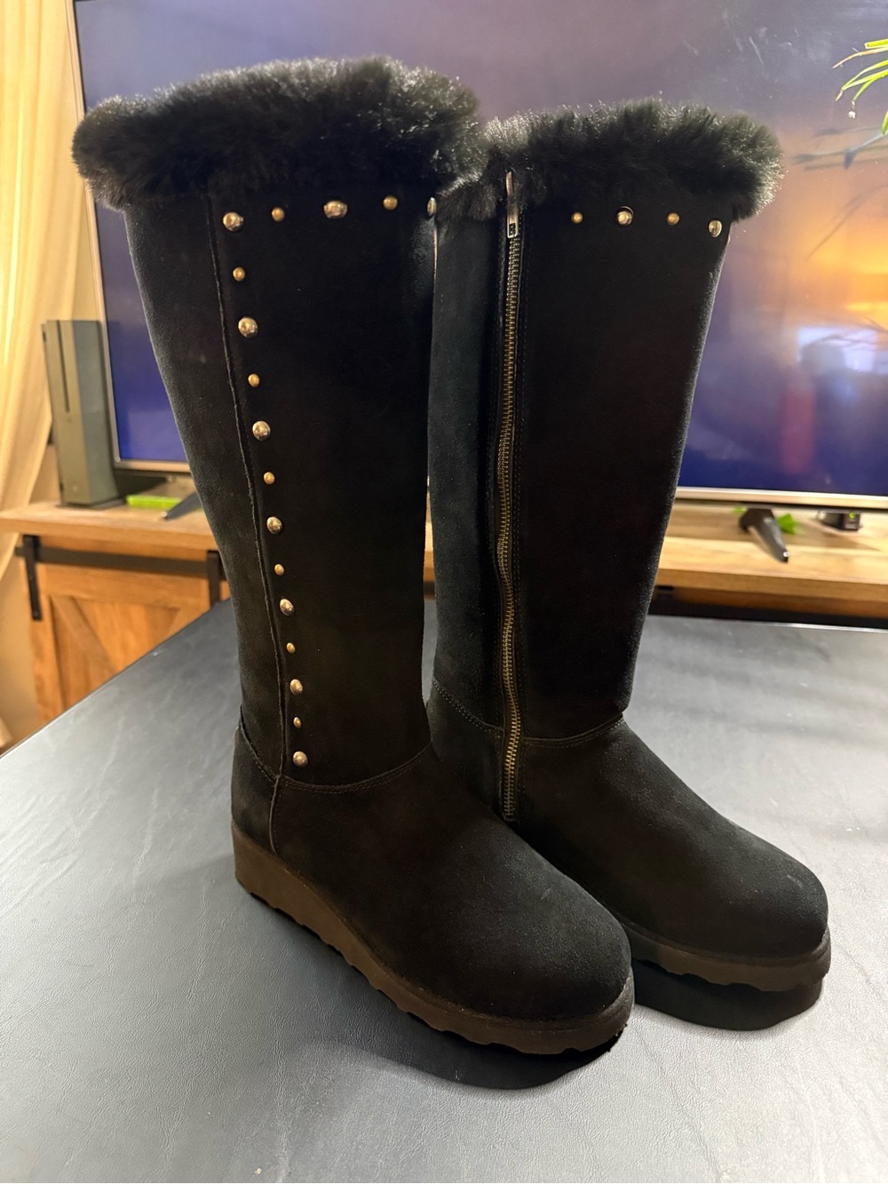 New Bearpaw "Dorothy" Tall Suede Boots with Studs & Faux Fur